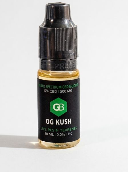 GoldBinoid Broad Spectrum CBD Vape E-Liquid 5% (500 mg CBD / 800 mg Total Cannabinoids) with Live Resin Terpenes &mdash; OG Kush (10 ml, Netherlands) 🌲🍋💨