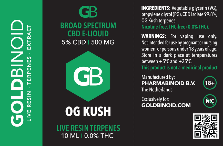 GoldBinoid Broad Spectrum CBD Vape E-Liquid 5% (500 mg CBD / 800 mg Total Cannabinoids) with Live Resin Terpenes &mdash; OG Kush (10 ml, Netherlands) 🌲🍋💨
