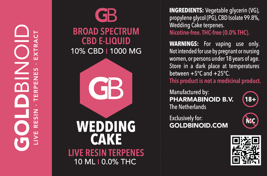 GoldBinoid Broad Spectrum CBD Vape E-Liquid 10% (1000 mg CBD / 1300 mg Total Cannabinoids) with Live Resin Terpenes &mdash; Wedding Cake (10 ml, Netherlands) 🍰🍓💨